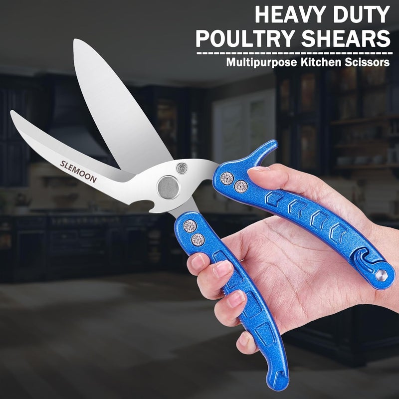 SLEMOON Heavy Duty Poultry Shears Kitchen for Chicken Meat,Multipurpose Kitchen Shears for Food,Herb Scissors with 5 Blades and Cleaning Comb, Cool Kitchen Gadgets Tools 2024 Green,2pcs set,blue - Image 4